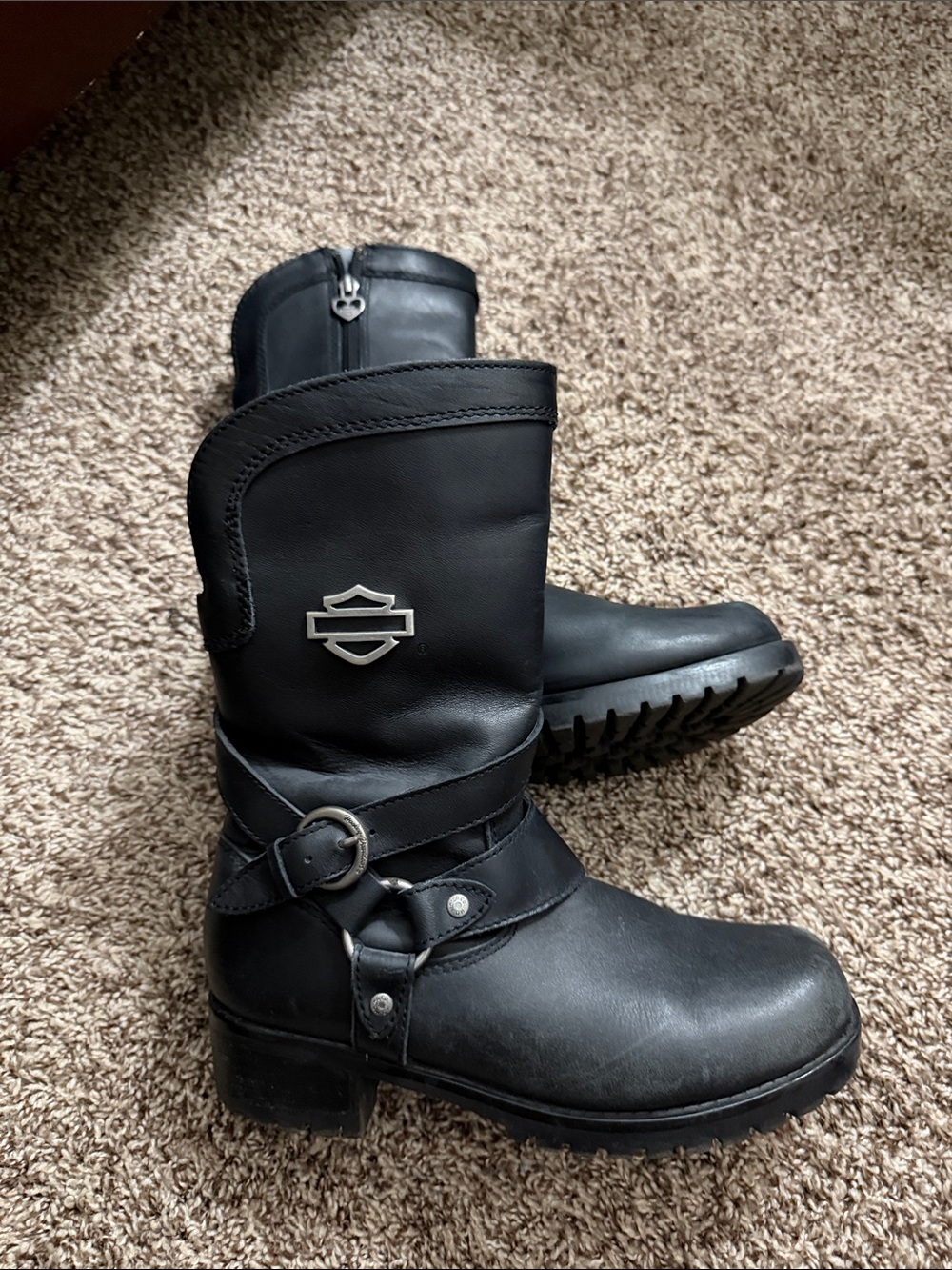 Harley-Davidson Black Leather Zip-Up Motorcycle Boots with Logo Pull